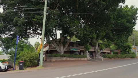 Handheld wide shot of local pub hotel in Wisemans Ferry, New South Wales Stock Footage 332892935