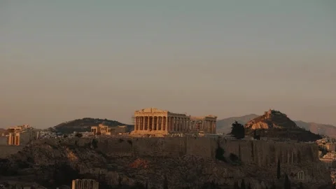 Handheld Wide Shot of Parthenon Temple at Acropolis of Athens During Vibrant Stock Footage 342062489