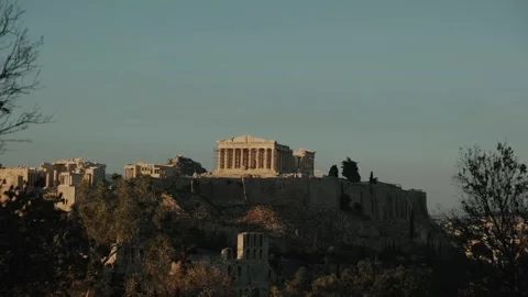 Handheld Wide Shot of Parthenon Temple at Acropolis Athens in Warm Evening Light Stock Footage 342064236
