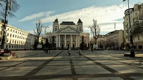 Handheld Winter Video of Ivan Vazov National Theatre Sofia Front View, 2026 Video stock 325646428