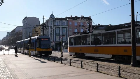 Handheld Winter Video of Trams and Pedestrians at Lions Bridge Sofia Stock Footage 325429183
