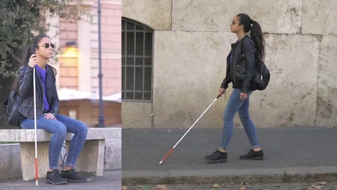 Handicap, blindness - split screen of blind woman sitting and walking Stockbeeldmateriaal 147320370