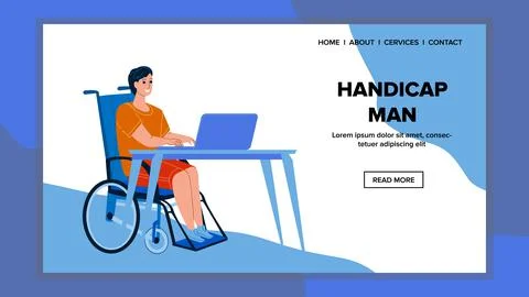 Handicap Man Working On Laptop At Table Vector 스톡 일러스트
