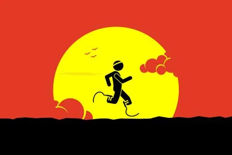 Handicap runner running with running blades or prosthetics leg with a big sun an Stock Illustration