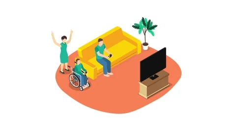Handicapped boy playing video games with father Stock Footage 157429564