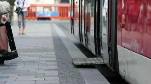 Handicapped persons go to tram Stock Footage 11864510