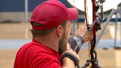 Handicapped servicement compete in archery. Stock Footage 74813613
