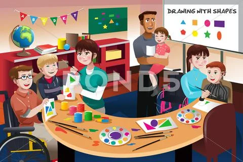 Handicapped students in a classroom Stock Illustration