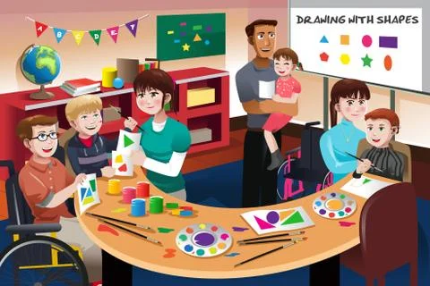 Handicapped students in a classroom Stock Illustration