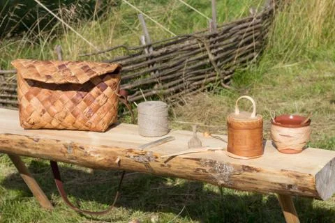 Handicrafts made of birch bark Stock Photos