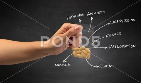Handing over pills with blackboard wallpaper Stock Photos