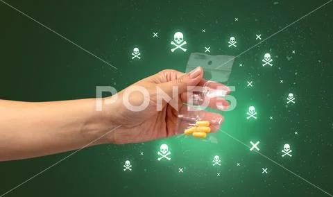 Handing over pills with skulls Stock Photos