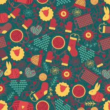 Handknitting seamless pattern vector illustration. Needle, red tangle of thread Stock Illustration