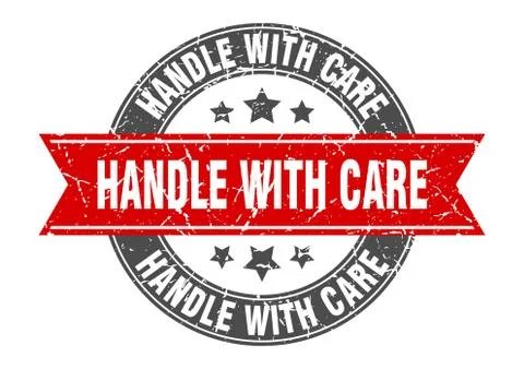 Handle with care round stamp with red ribbon. handle with care Illustration