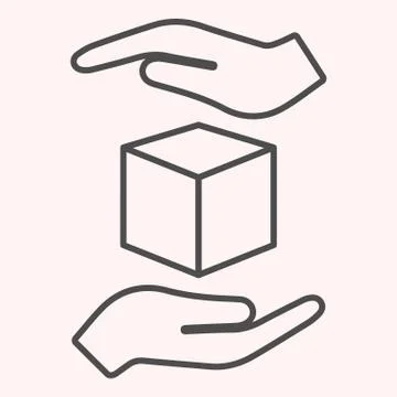 Handle with care thin line icon. Shipping label cube box parcel with hands Stock Illustration
