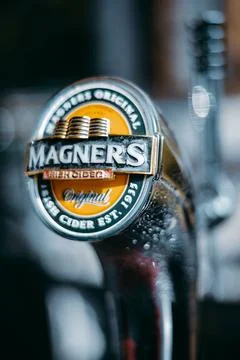 Handle of draft beer on bar counter Stock Photos