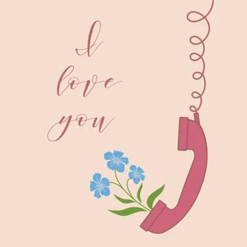 Handle handset and flowers. Romantic background. Illustration