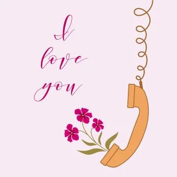 Handle handset and flowers. Romantic background. Illustration