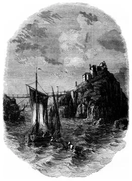 The handle to the sharks. The rustic bridge, vintage engraving. Illustration