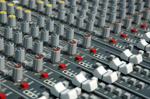 Handles of management of the board of the sound processor (mixer). Stock Photos