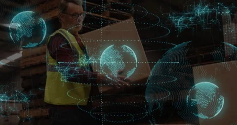 Handling box, warehouse worker with digital globe and network animation overlay Vidéo 304842747