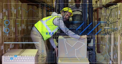 Handling boxes in warehouse, workers with data processing animation overlay Stock Footage 326103989