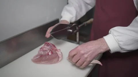 Handling of chopped chicken meat with fixed scissors on a work table. Vidéo 331913559