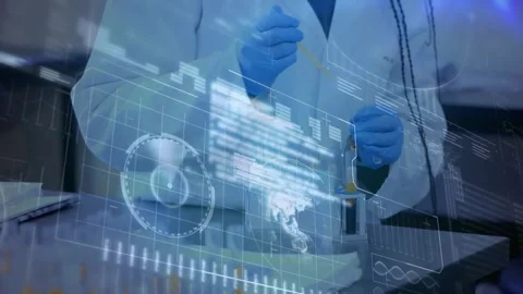 Handling lab technician in white coat and blue gloves manipulating vial on lab Stock Footage 330577348