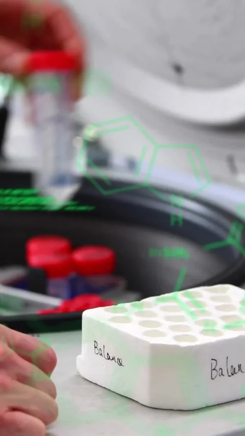 Handling test tubes, scientist working in laboratory with data processing Stock Footage 343645483
