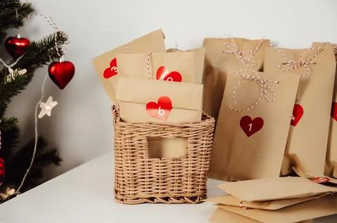 Handmade Advent Calendar for Christmas as countdown to Christmas Eve. Craft and Stock Photos