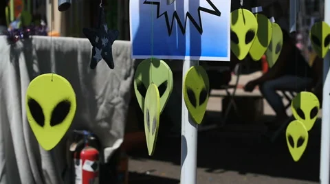 Handmade alien wind chimes during UFO days festival Roswell, New Mexico Stock Footage 54330378