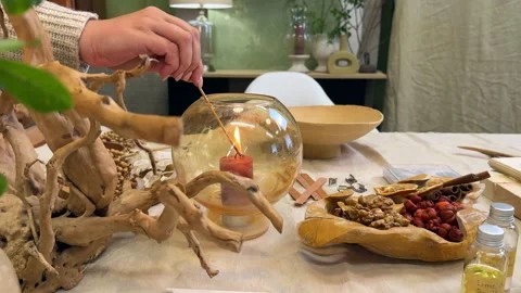 Handmade Aromatherapy Candle Making Process in Ceramic Bowl with Dried Flowers Stock Footage 311148196