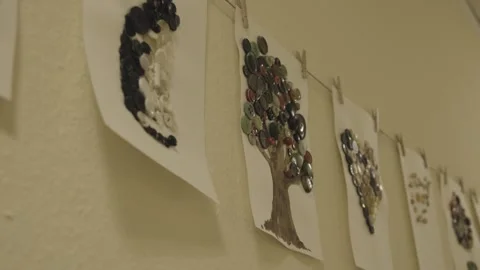 Handmade Art Prints and Button Collages, Gallery Wall Display, Close Up Shot Vídeo Stock 341518945