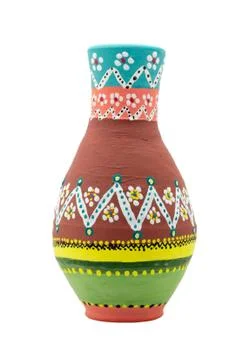 Handmade artistic pained colorful pottery vase isolated on white including Stock Photos