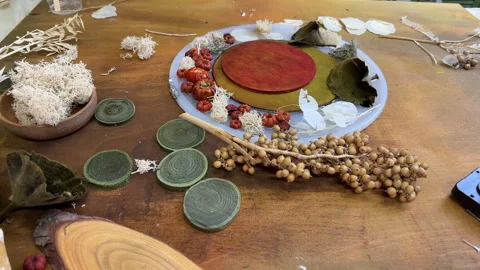 Handmade autumn clock decorated with dried flowers and pumpkins. Cozy fall craft Stock Footage 317595529