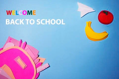 The handmade backpack with school accessories and fruits were cut out of paper 스톡 일러스트