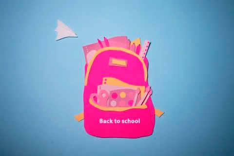 The handmade backpack with school accessories and paper airplane 스톡 일러스트