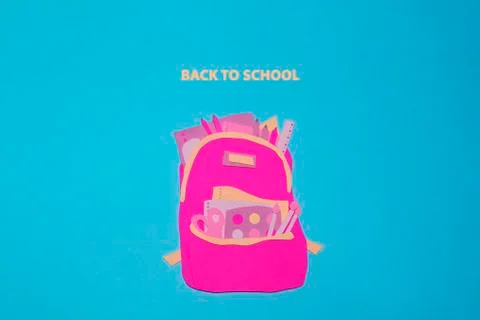 The handmade backpack with school accessories was cut out of pink paper 스톡 일러스트