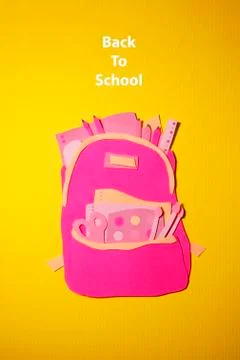 Handmade backpack with school accessories was cut out of pink and yellow paper 스톡 일러스트