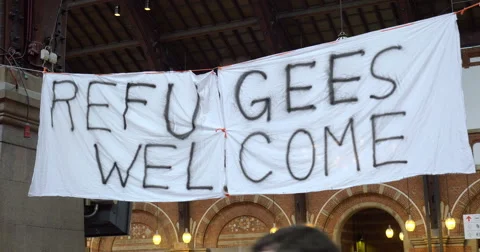 Handmade Banner Refugees Welcome Stock Footage