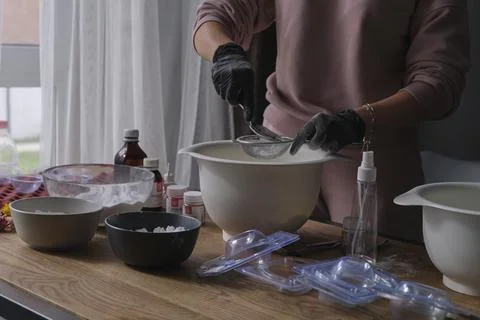 Handmade bath bombs process. Preparation of bath bombs. Ingredients and floral Stock Photos