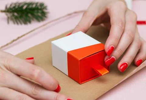 Handmade, beautiful simple wrapping a gift for the holidays on paper with the Stock Photos