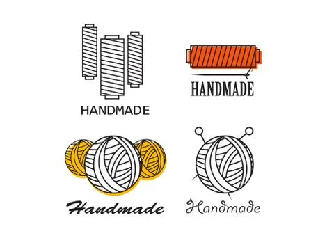 Handmade black thin line icons on white background. Handmade workshop logo se Stock Illustration
