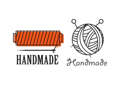 Handmade black thin line icons on white background. Handmade workshop logo se Stock Illustration