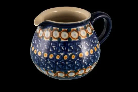Handmade Blue Ceramic Pitcher With Decorative Patterned Glaze  Folk Pottery.. 스톡 사진