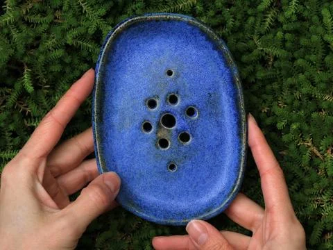 Handmade Blue Ceramic Soap Dish with Drainage Holes Stock Photos