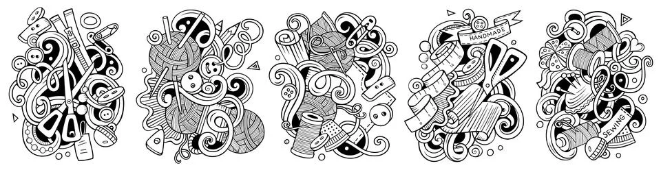 Handmade cartoon vector doodle designs set. Illustrazione stock