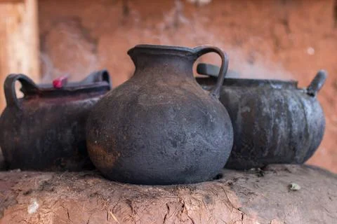 Handmade Ceramic Pots on a clay platform near Cusco, Peru Stock Photos