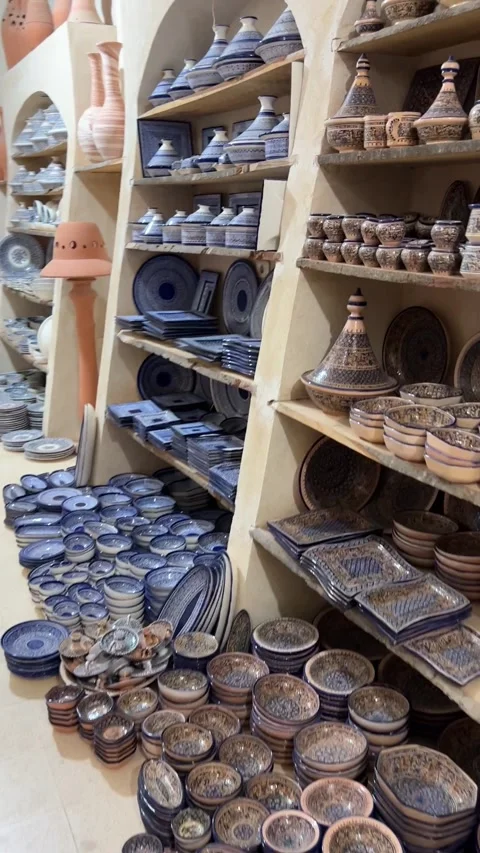 Handmade ceramic pottery shop display Guellala Djerba Tunisia travel HD vertical Stock Footage 342078501