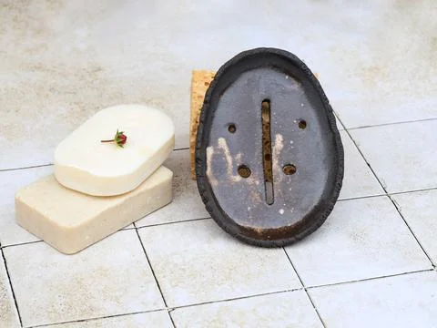 Handmade Ceramic Soap Dish With Bar Soap Stock Photos